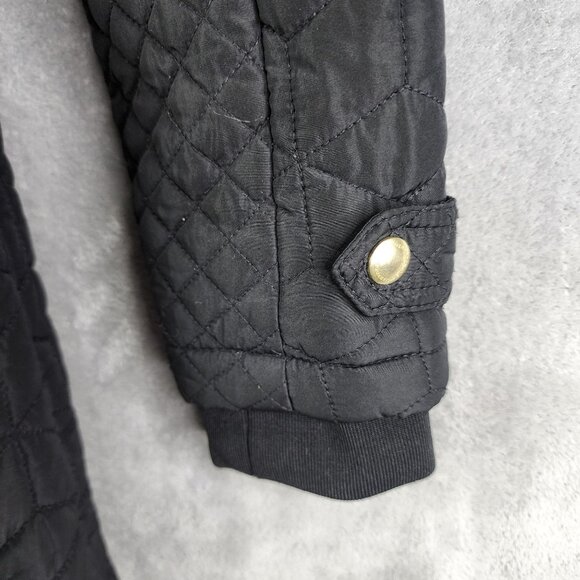 Womens Black Weatherproof Quilted Hooded Jacket w/ Floral Lining Full Zip Size M - Picture 5 of 12